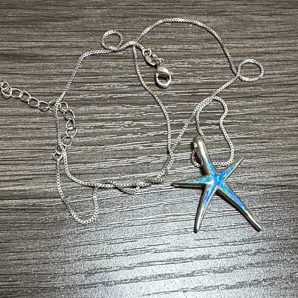 Sterling Silver Blue Opal Starfish Pendant Necklace - Picture 4 of 6
